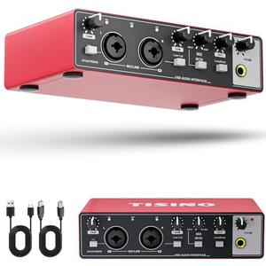 TISINO Audio Interface 24Bit/192kHz, USB Audio Interface for Recording, Songwriting, Streaming and Podcasting, Plug & Play Studio Interface with 48V Phantom Power, PC/Mac/iOS Compatible,RED