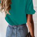 PRETTYGARDEN Women's Short Sleeve Casual T Shirts Summer Ruffle Plain Round Neck Loose Fit Tee Blouse Tops (Green, L)