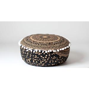 INDIAN CRAFT CASTLE ICC Mandala Barmeri Large Floor Pillow Cover Cushion Meditation Seating Ottoman Throw Cover Hippie Decorative Zipped Bohemian Pouf Ottoman Cases Black Gold, 18" Round