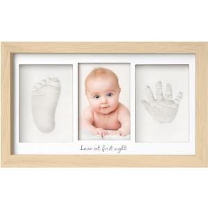 Baby Hand and Footprint Kit - Clay Handprint Keepsake Frame, Newborn Nursery Picture Frame, Personalized New Mom Gifts for Baby Shower & Registry (Ash Wood) (Duo Frame, 13" x 7.9")