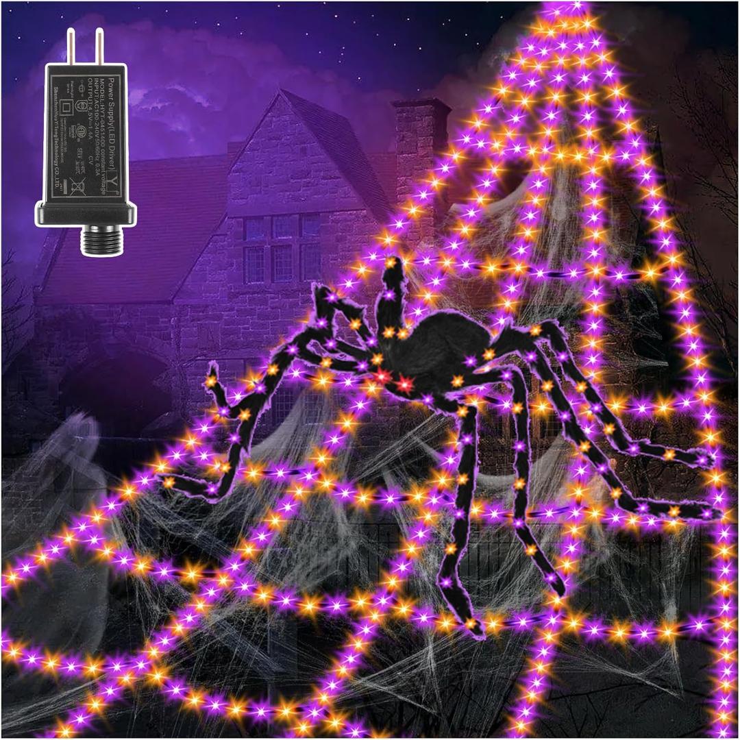 Spider Webs Halloween Decorations Lights - 550 LEDs Outdoor Giant Halloween Decor Lights with16.4ft,4ft Spider,8 Modes,Waterproof&Timer for Yard Porch Garden,Outside Party (with Spider)