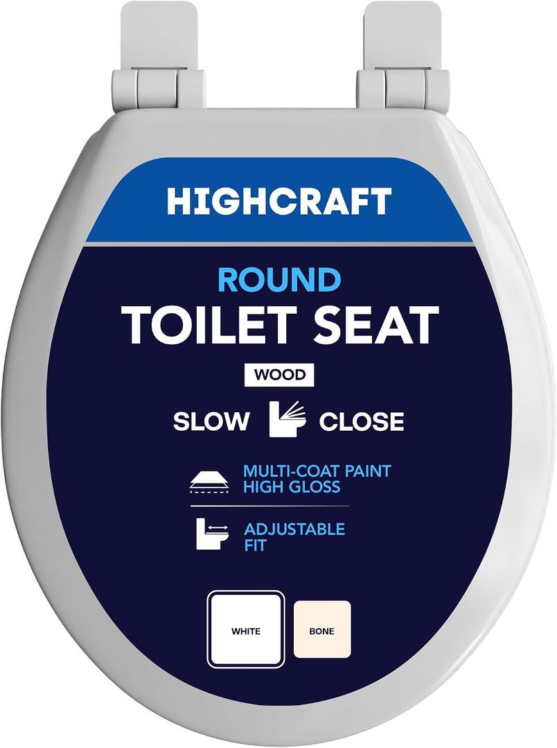 HIGHCRAFT Premium Round Toilet Seat with Slow-Close Design & Adjustable Hinges - Molded Wood Toilet Seat - Fits Standard Round Toilets - Round Seat in White