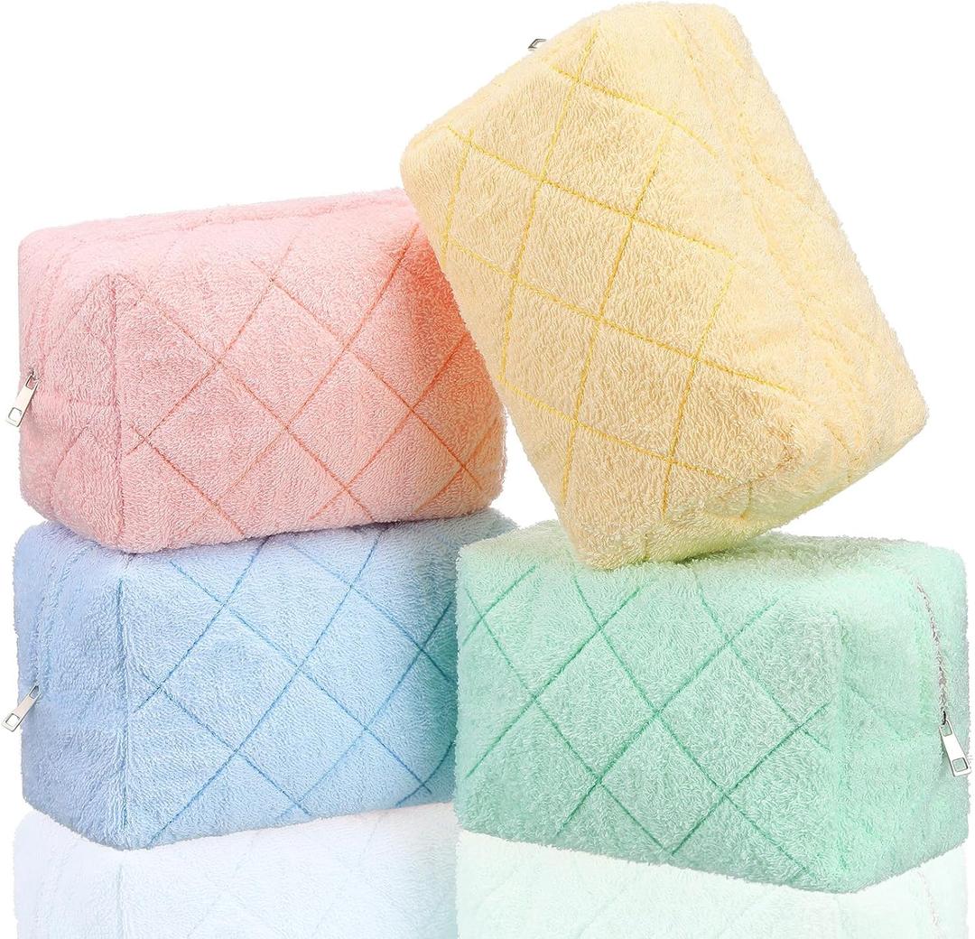 LEIFIDE 4 Pcs Quilted Makeup Bag Pouch Cute Plush Fuzzy Checkered Cosmetic Bag Cotton Terry Cloth Toiletry Pouch with Zipper Portable Travel Organizer Preppy Brush Storage for Christmas Women Gift