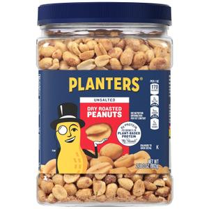 PLANTERS Unsalted Dry Roasted Peanuts, Resealable Jar, Kosher Nuts, Plant-Based Protein, Quick Snack for Adults, After School Snack, 35 oz Canister (EXP 04/01/26)