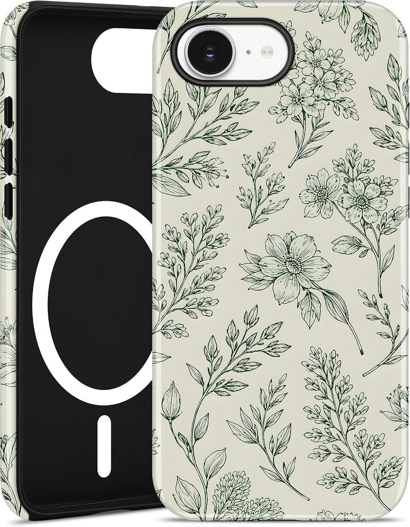 Magnetic Flower Case for iPhone 16 Pro Max, Green | Compatible with MagSafe, Cute Floral Aesthetic Design, TPU and PC Shockproof Protective Phone Cover for Women Girls