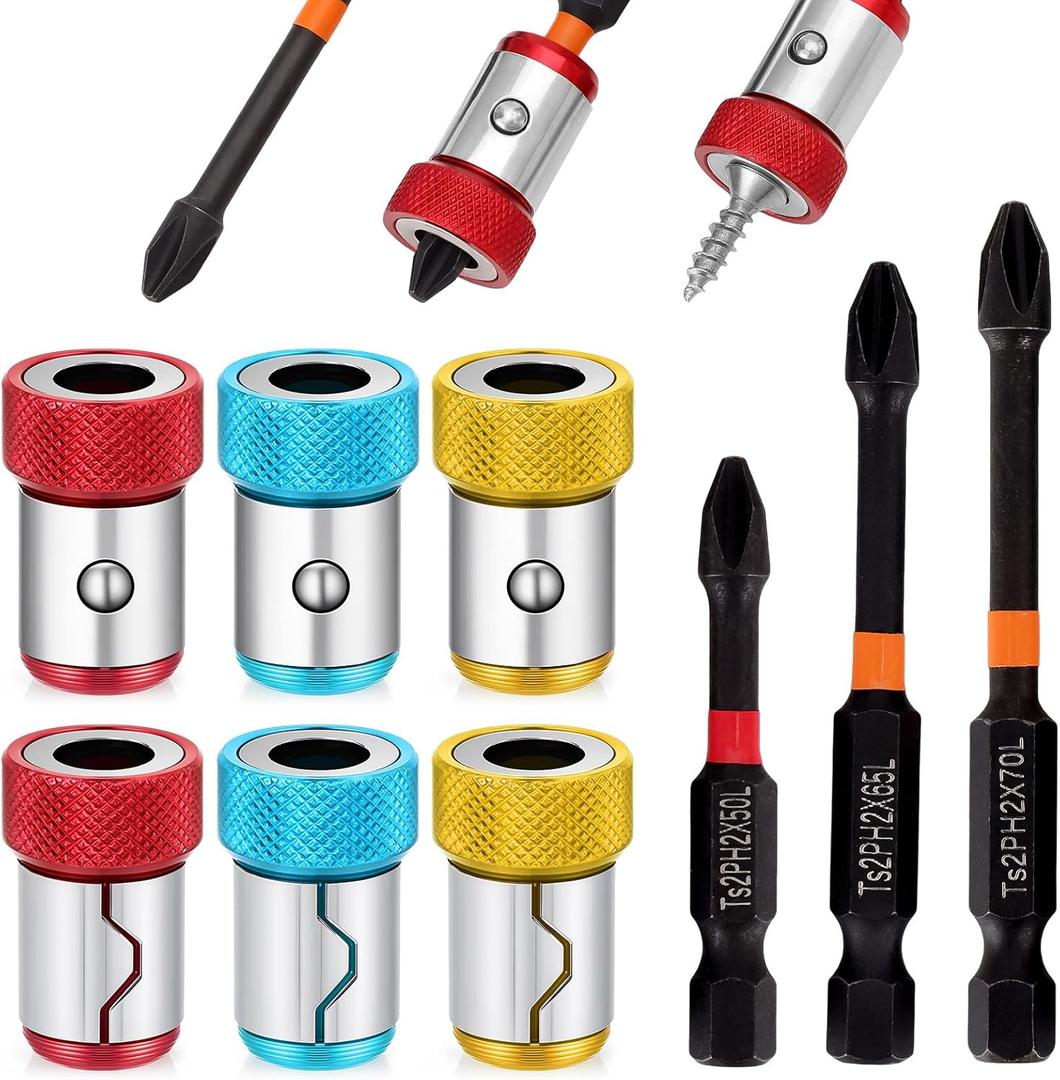 6 Pcs Strong Magnetic Screw Ring with 3 Pcs Ph2 Screwdriver Bit Set, 1/4 Inch/6.35 mm Universal Magnetizer Screw Removable for Hex Screwdriver and Power Bits