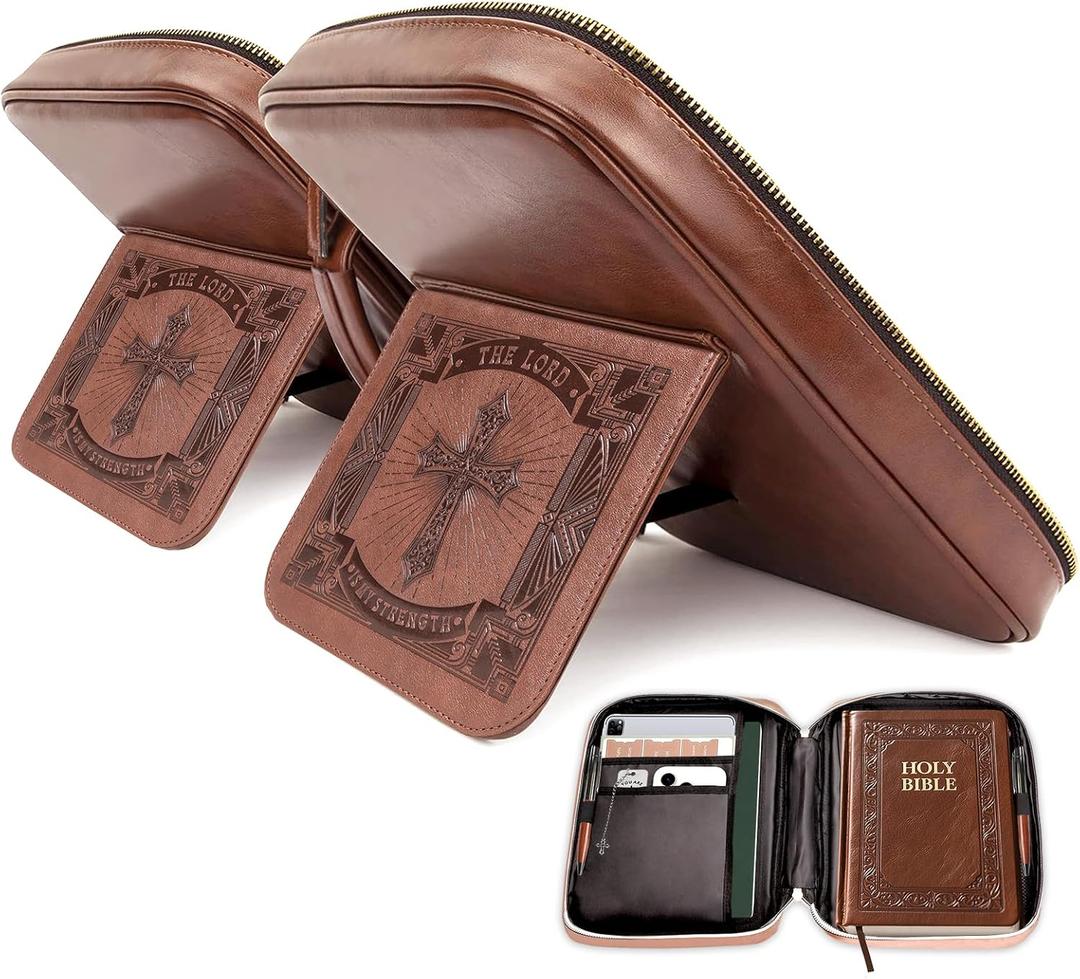 Bible Cover Case with Built-in Book Stand, Large Storage Leather Bible Bags for Women Men, Zipper Church PU Book Cover Study Bag, Christian Gifts for Mother/Husband/Daughter (11.8"x9")