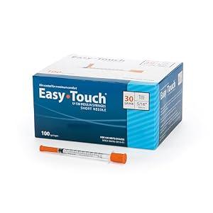 Easy Touch 30 Gauge U-100 Insulin Syringes (30G 1cc 5/16”) with 5/16” Short Needle, 1cc (100 Unit Capacity), Bold Markings for Accurate Dosing, Disposable, Box of 100