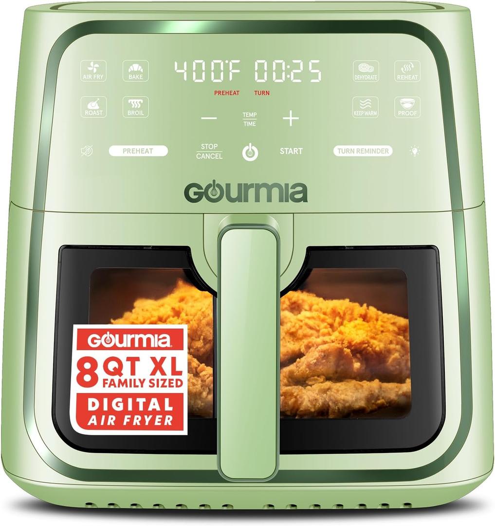 Gourmia 8 Qt Air Fryer, 8 Presets with Digital Display, FryForce 360 Technology, Easy View Window & Interior Light, Dishwasher Safe Basket, Green