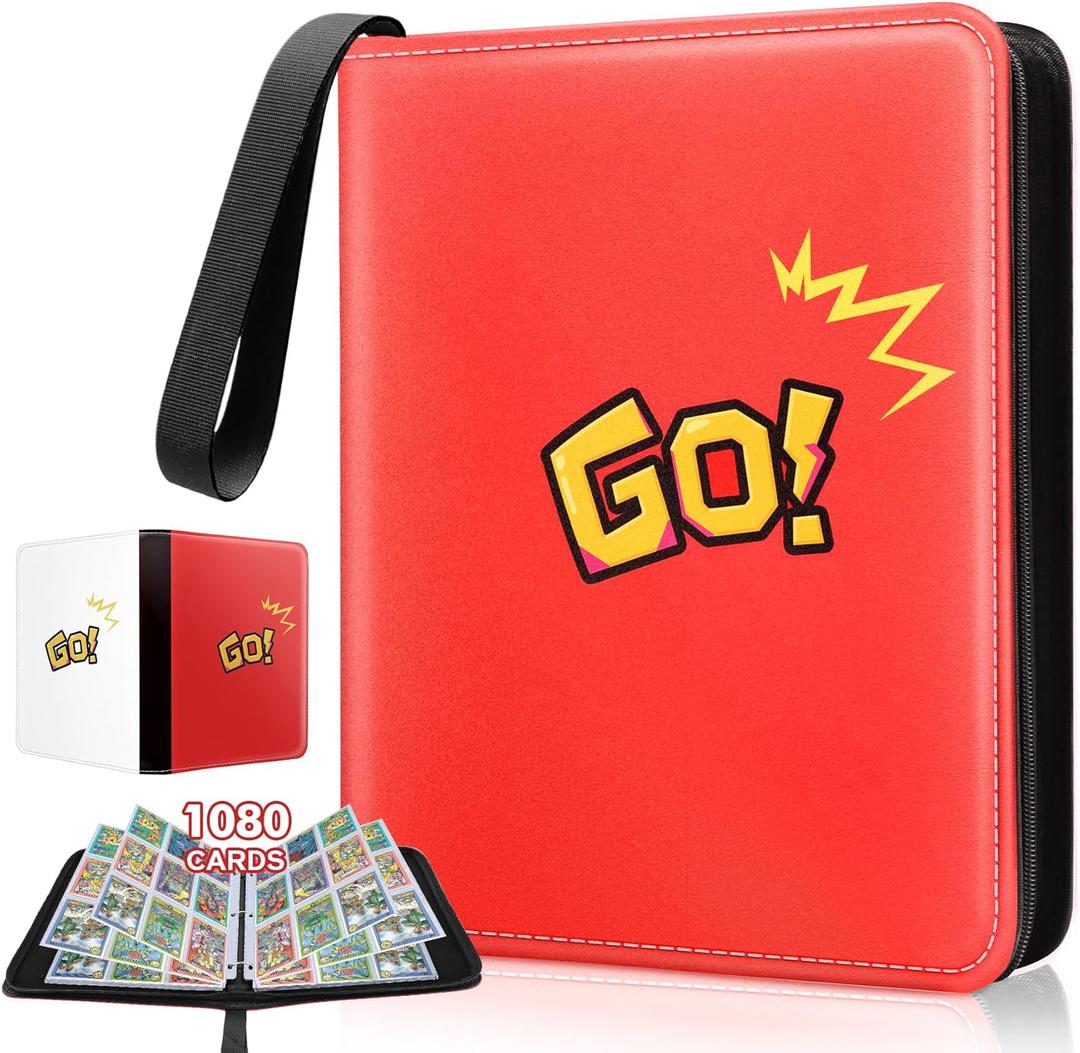 1080-Card Binder  9-Pocket Trading Card Album with 60 Removable Double-Sided Pages, Water-Resistant PU Leather Zipper Case with Wrist Strap, Fits MTG & Sports Cards  Collector Gift Organizer (Red & White)