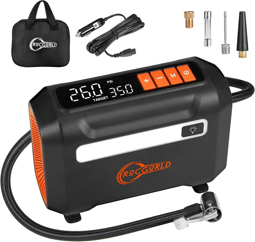 R8 Tire Inflator Portable Air Compressor, DC 12V Air Compressor for Car with Large Dual Digital Screen, 3X Faster Inflation Air Pump for Car Tires, Bike, Ball, Motor - Car Accessories (Orange)