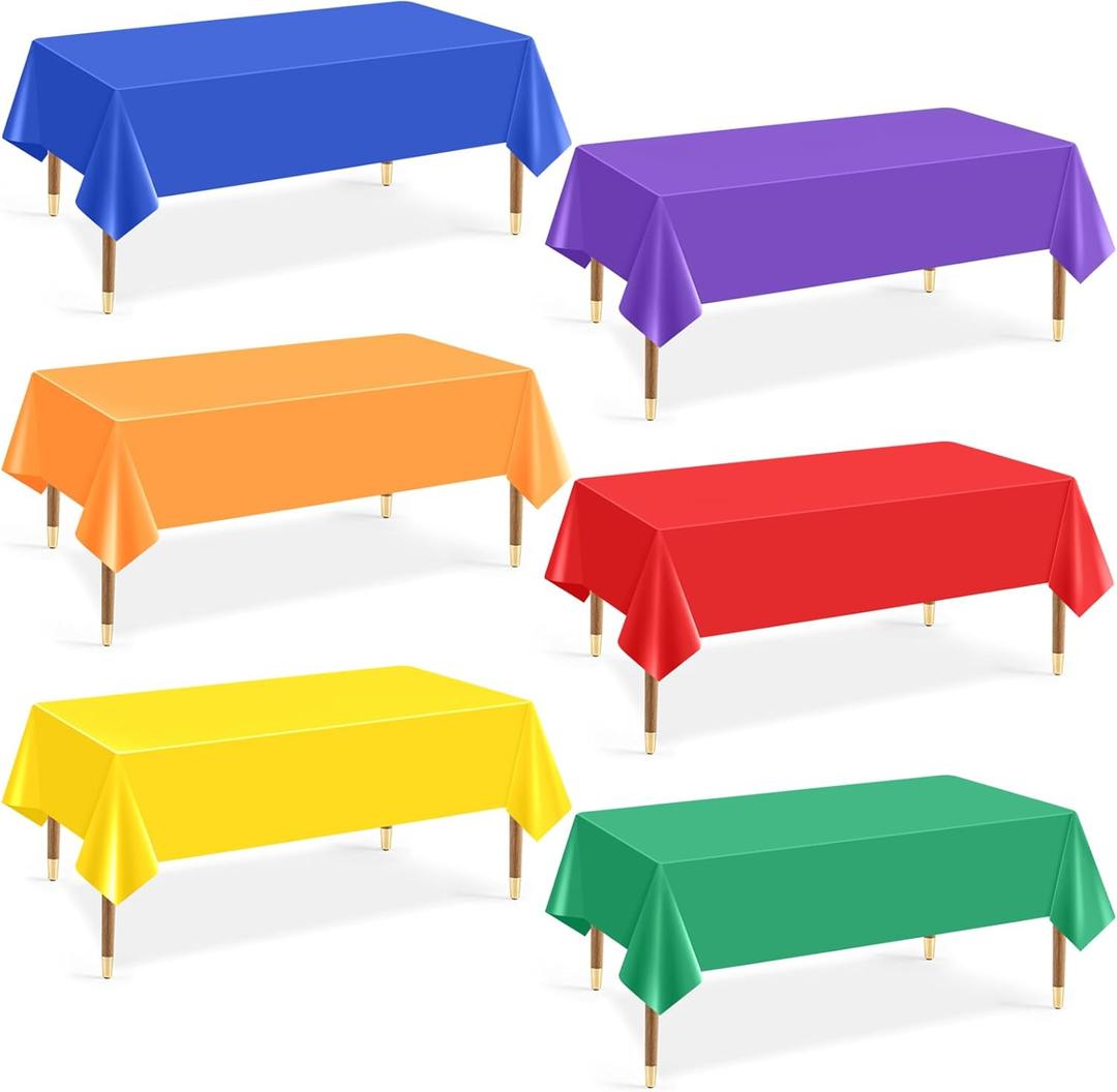 6Pcs Plastic Table Cloth Disposable, Assorted Color Rainbow Tablecloth Colorful Neon Rectangle Bulk Solid Table Cover for Birthday Wedding Graduation Picnic Fiesta Home Party Decorations54x72 Inch