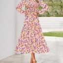 NOLLSOM Women 2026 Spring Dress Floral Boho Dress Casual Long Sleeve Crew Neck Ruffle A-Line Flowy Wedding Guest Maxi Dresses (L)