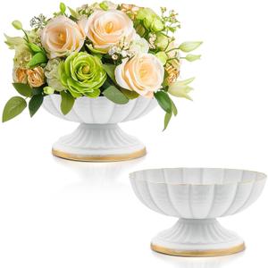 2 x White Flower Vases for Centerpieces: Vintage Compote Bowl Vase for Wedding 4 Inch Small Pedestal Vase for Party White Centerpieces for Table Metal Urn for Event Home Decor Set of 2
