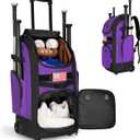 Rolling Baseball Bag with Wheels, 60L Capacity Wheeled Softball bag with Shoe Compartment for Youth & Adult, Bat bag with Hidden Straps,Fence Hook,Holds 4 Bat, Helmet, Glove (Purple)