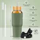 PROBTTL Glass Water Bottles 32 oz, 1 Liter Glass Tumbler, Borosilicate Water Bottle with Straw, Silicone Sleeve, 2 Lids - Handle Spout & Bamboo Straw Lid, Fits Car Cup Holder (Olive)