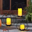 Halloween Light Up Pumpkin Lantern, 3 Pcs Metal Black Pumpkin Candle Holders with Timer Flickering Yellow LED Candle Lights for Thanksgiving Halloween Harvest Fall Home Decor