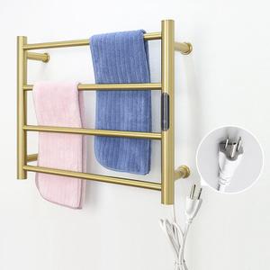 Heated Towel Rack Gold, 4 Bars Towel Warmer Rack for Bathroom Wall Mounted, Timer & Temperature Control Electric Towel Drying Rack (4 Bars Brushed Gold D, Plug-in)