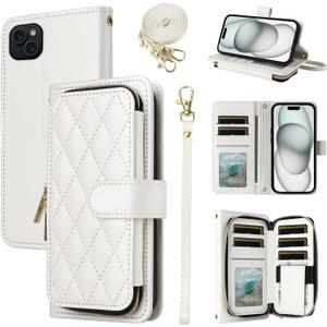 Argyle Wallet Case for iPhone 13 6.1 inch with Wrist Strap Shoulder Strap Flip Zipper Purse, 9+ Card Slot Stand Checkered Cell Phone Cover for iPhone13 5G i i-Phone i13 iPhone13case White