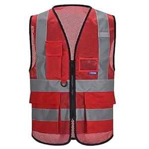 A-SAFETY High Visibility Mesh Safety Reflective Vest with Pockets and Zipper, Hi Viz Work Vest for Men Women (Red Mesh L)