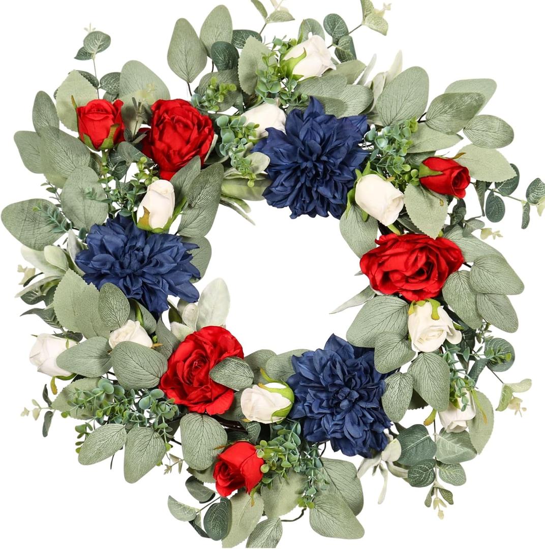 22IN Spring Summer Wreath Patriotic Wreath with Dahlia, Peony, Eucalyptus Leaves. Ivy for Front Door Wall Decor Indoor Outdoor