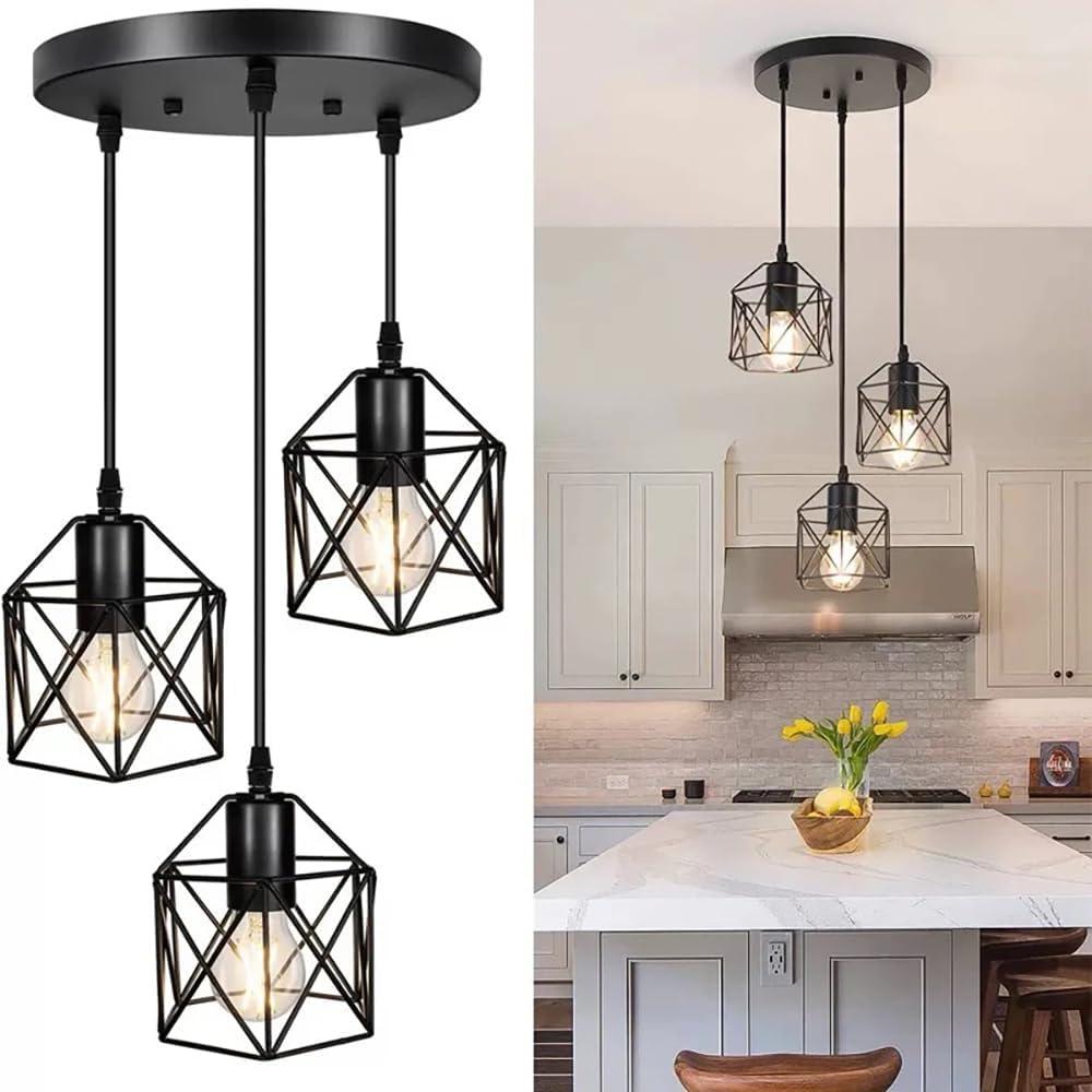 ROCUNSI 3Light Pendant Light Fixtures, Farmhouse Hanging Pendant Lighting, Dining Room Chandelier, Industrial Kitchen Island Hanging Light Fixture, Black Metal Cage Pendant Ceiling Lamp for Kitchen