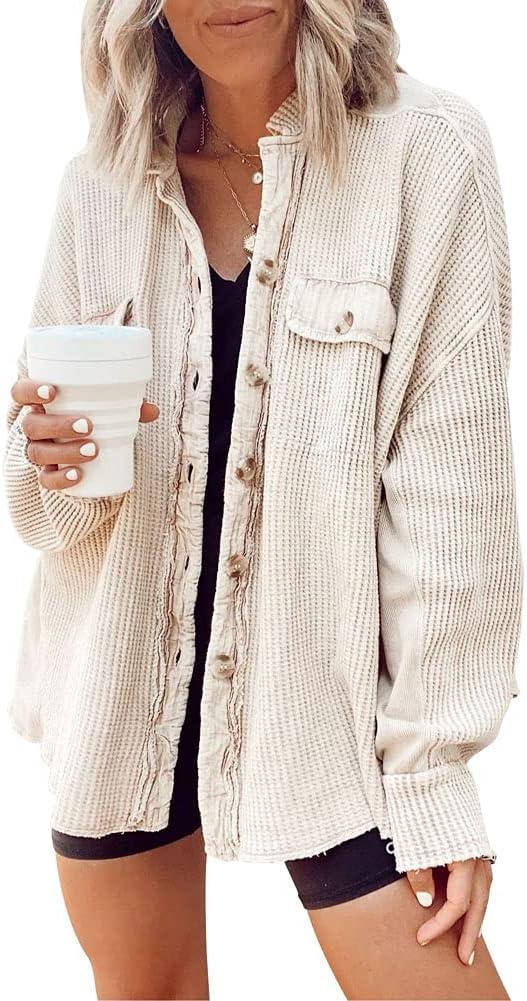 chouyatou Women's Loose Fit Batwing Sleeve Waffle Knit Button Down Shirt Shacket Tops (Large, Apricot)