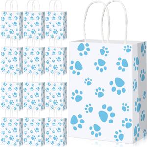 Blulu 20 Pcs Puppy Dog Paw Gift Bags with Paper Twist Handles, Dog Gift Paper Paw Treat Goodie Bags for PET Treat Party Favor, 6.3 x 3.1 x 8.6 Inch(White Backing, Blue Paws)