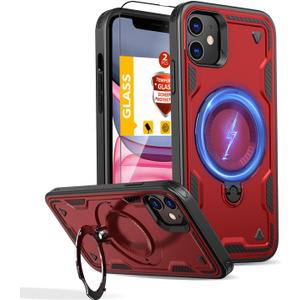 for iPhone 11 Case Magnetic,for iPhone XR Case Compatible with MagSafe,with 1 Tempered Glass Screen Protector,Built-in Stand Ring Military Grade Drop Heavy Duty Protection Shockproof Phone Red