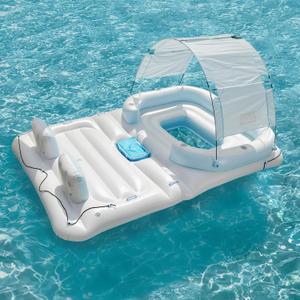 Comfy Floats Party Float 4 Person Inflatable Party Island Water Float Lounger with 6 Cup Holders, Backrests, and Detachable Sun Shade