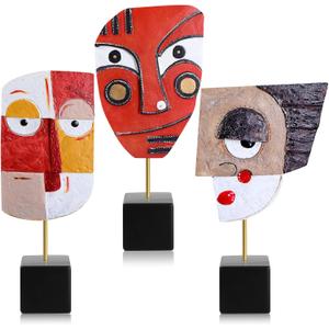 3 Pcs Wink Handcrafted Statues Resin Abstract Sculpture for Home African Art Tribal Figurines Decorations Face Sculpture Home Decor Colorful Decor for Office Living Room Entrance