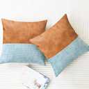 CaliTime Throw Pillow Covers Pack of 2 Soft Faux Leather Solid Dyed Cross Chenille Cushion Cases for Couch Sofa Home Decoration 18 X 18 Inches Smoke Blue