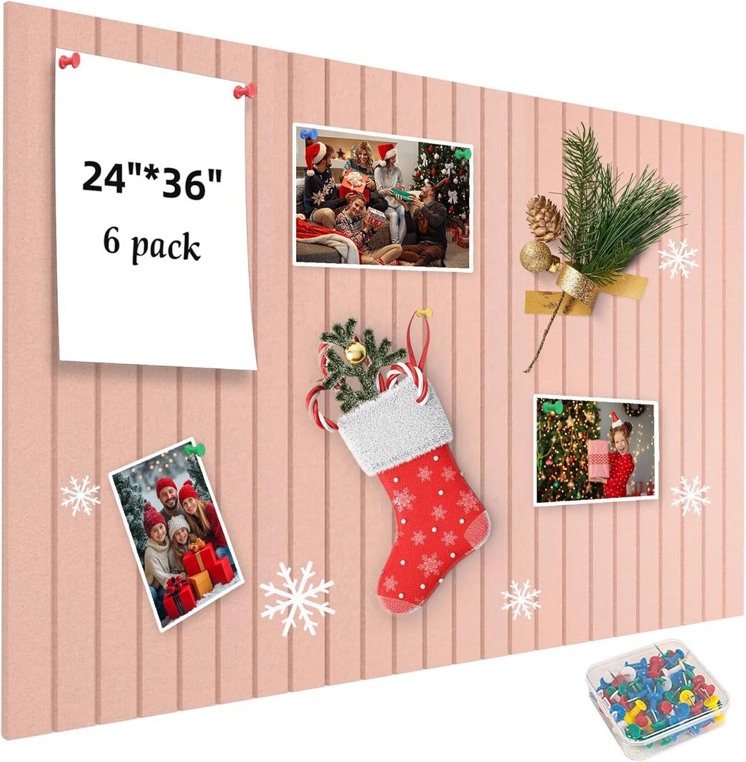 Yunihome Cork Board for Walls 36" x 24", 6 Pack Felt Bulletin Board Wall Tiles with 30 Push Pins for Home Kitchen School Office Wall DIY Decorative (Vertical-light Pink)