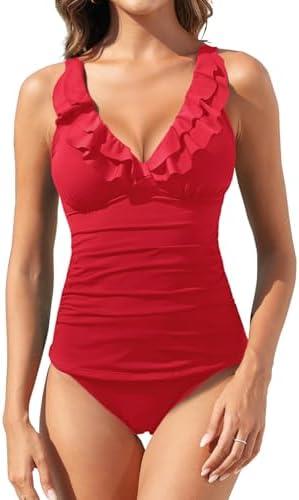 Womens Two Piece Swimsuits - Ruffle Flounce Tankini Tummy Control Bathing Suits V Neck Swimwear, L