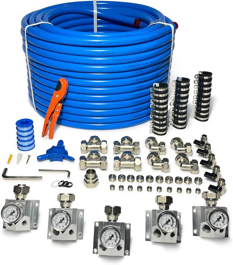 Compressed Air Piping System with 3/4 Inch ID x 200 feet 5-Way Multi-Outlet Aluminum Manifolds with individual Pressure Gauge HDPE Tubing Shop Air Line Kit, Air Compressor Line Kit | 200 PSI | 9120G