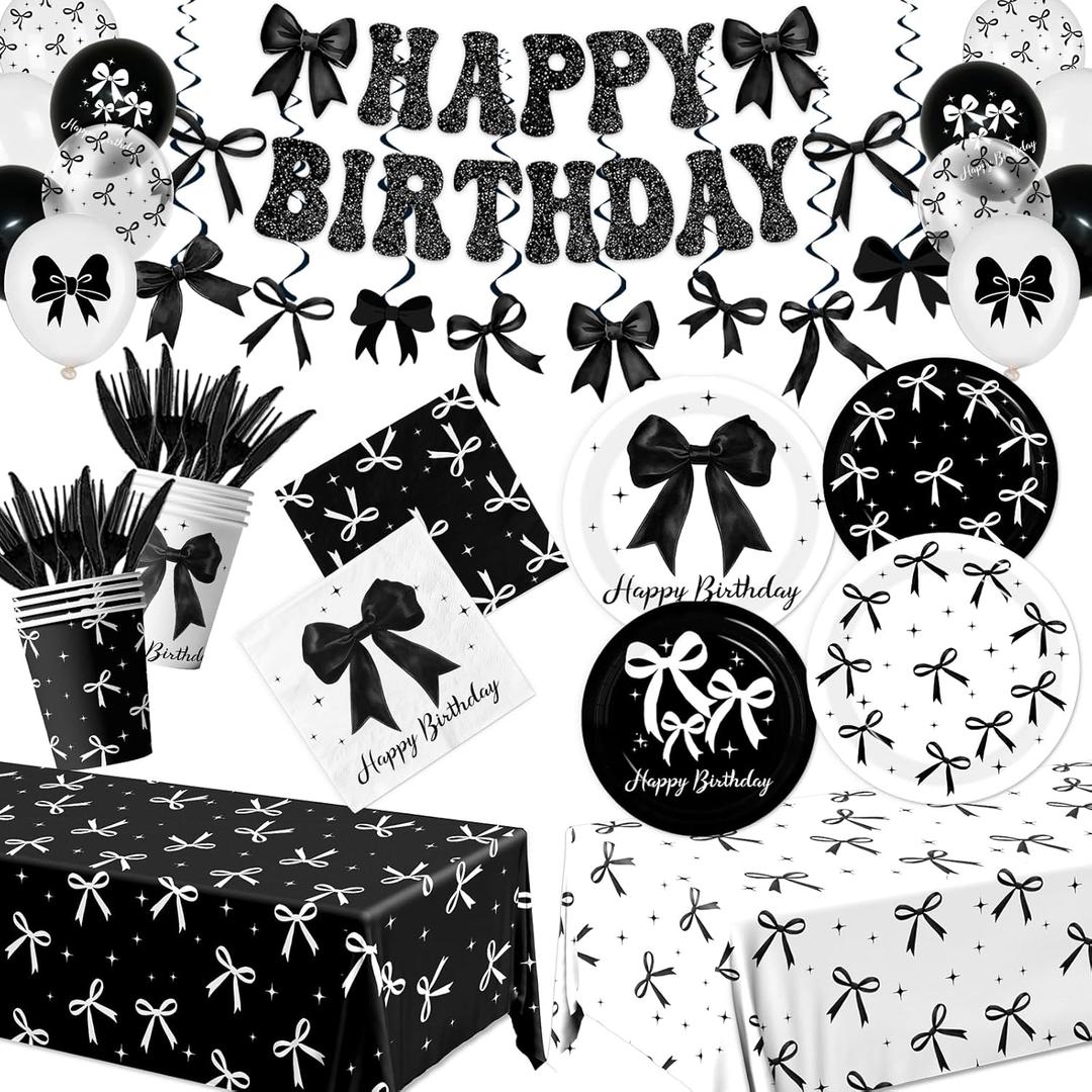 187Pcs Black Bow Birthday Party Decoration Serve 24,Black Coquette Birthday Tableware Supplies Disposable Plates Napkins Tablecloth Hanging Swirls Banner Balloons for Girls Bow Theme Party Decor