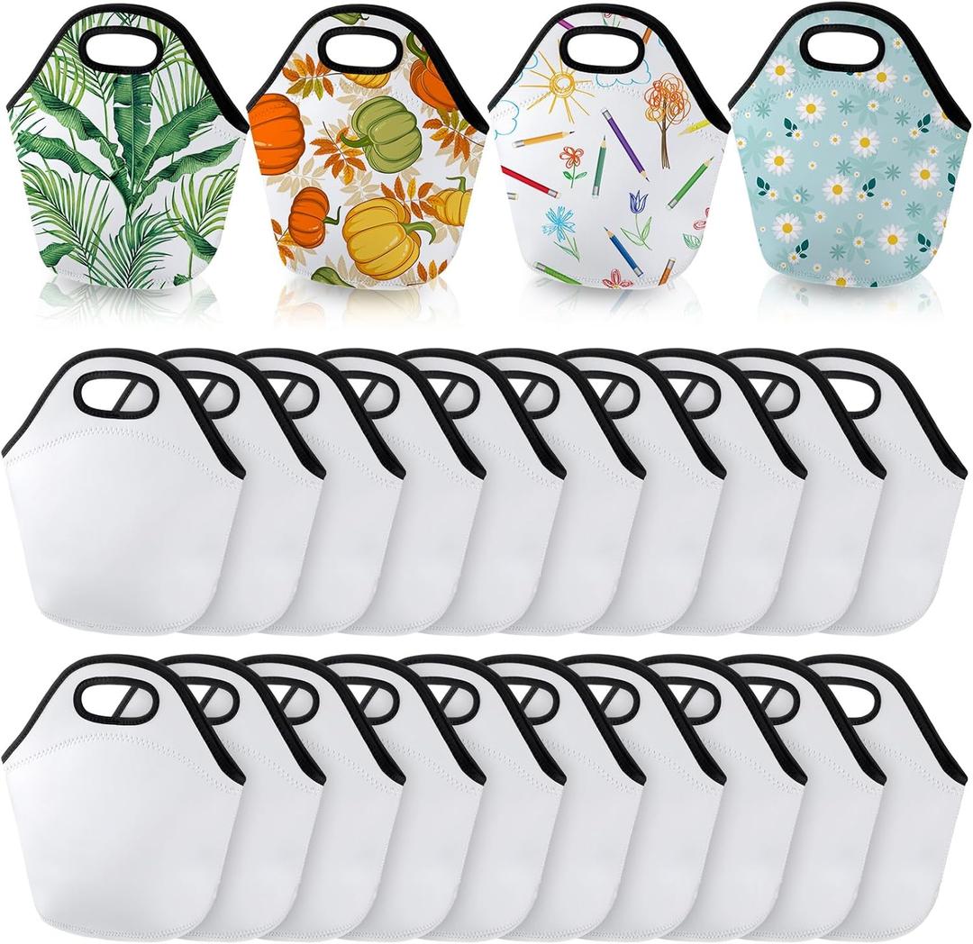 Paterr 24 Pieces Sublimation Blanks Neoprene Lunch Bag Insulated Soft Box Reusable Lightweight Lunch Bag Case Thermal Food Carry Case Handbags with Zipper for Adults Work Travel Picnic DIY, White