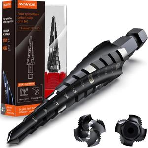 Four Spiral Flute Step Drill Bits,1/8"-1/2"(13 Step Size) Impact Unibit Step Drill Bit,1/4" Hex Shank M35 Cobalt Step Bits for Aluminum,Metal,Wood,Plastic
