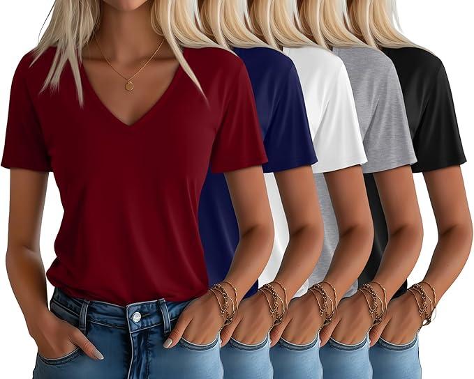 Huukeay Womens 5 Pack V Neck Basic Tees Comfortable Casual Short Sleeve T Shirts Solid Color Tops for Summer Flat Hem (X-Large, Haze Blue, White, Army Green, Khaki, Black)