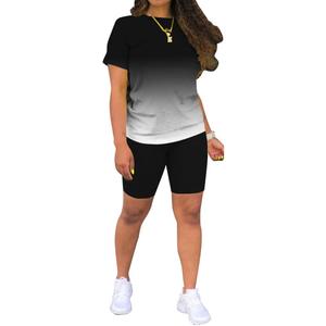 PINSV Women's 2 Piece Outfits Summer Printing Bodycon Short Pants Workout Sets (XX-Large, 5-black Gradient)