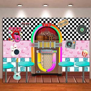 Back to 50's Sock Hop Photography Fabric Background Back to 1950s Soda Shop Photo Backdrops Rock Roll Party 50s Retro Diner Time Rock Roll Classic Party Decoration Banner 8x6ft