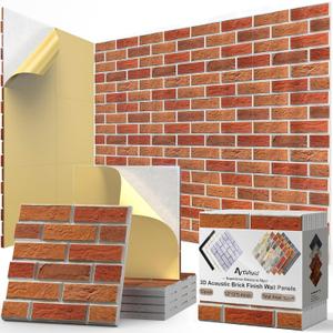 12Pack Acoustic Panels, Self-Adhesive 3D Brick Pattern Sound Proof Panels for Walls, High Density Decorative Sound Dampening Wall Panels for Recording Studios, Offices, Home, 12"12"0.4", Red