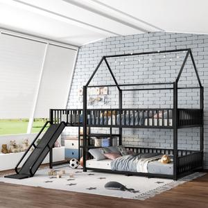 Full Metal House Bunk Bed with Storage Stairs, Slide & Safety Rails, Kids Loft Bed (Black + MDF + Metal + Full)