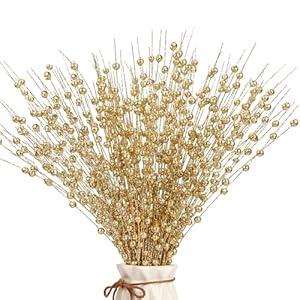 12 Pack Artificial Glitter Christmas Tree Picks Gold,10pcs Artificial Glitter berry Stems with 2pcs Glitter Berry Flowers Ornaments for Christmas Tree Gift New Year's Eve Halloween Decoration