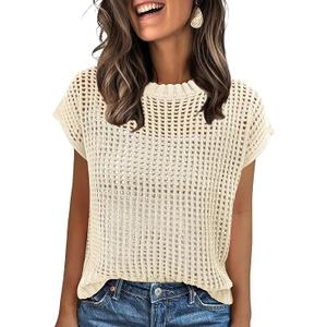 ANRABESS Women's Tops 2025 Trendy Summer Shirts Crochet Cap Sleeve Knitted Sweater Beach Vacation Clothes Fall Fashion Outfits Beige XL