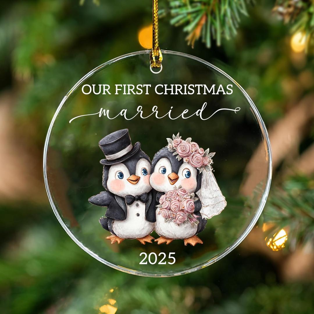 3 x Our First Christmas Married Ornament 2025, Cute Penguin Couple Married 3.54" Acrylic Ornament, First Christmas As Mr and Mrs, Newlywed Gifts for Couples - Bridal Shower, Just Married, Wedding Gifts