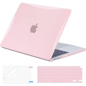 EooCoo Hard Case Compatible with MacBook Air 13 inch M1 Chip 2021-2018 with Retina Display, Air 13.3 inch Plastic Protective Case + Transparant Keyboard Cover + Screen Protector, Crystal Pink