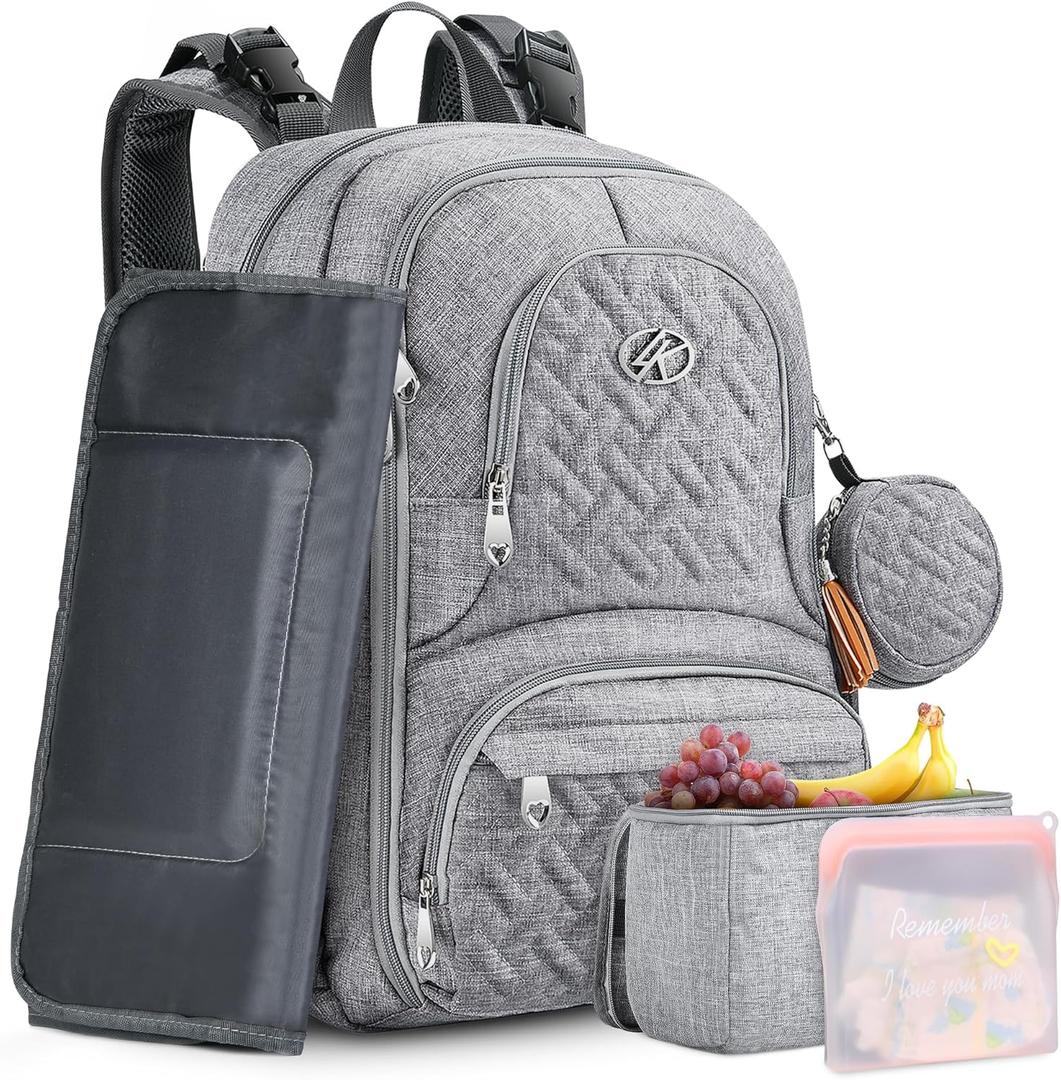 Diaper Bag Backpack, 6 in 1 Kit Baby Bags Large Travel Diaper Backpack for Boys and Girls with Washable Changing Pad, Extra Breast Insulated Cooler, Pacifier Case, Silicone Bag and Stroller Straps, Grey