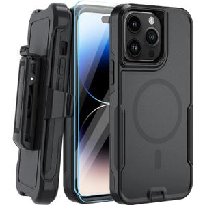 5-in-1 Magnetic Designed for iPhone 14 Pro Max Case,Heavy Duty Case Belt Clip Holster,with Tempered Glass Screen Protecto(2 Pcs),Phone Case for iPhone 14 Pro Max (Magnetic, Black)