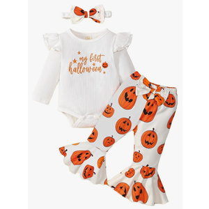 My First Halloween Outfit Newborn Baby Girl Outfits Pumpkin Long Sleeve Ribbed Romper Flare Pant Headband 3Pcs, 6-12M